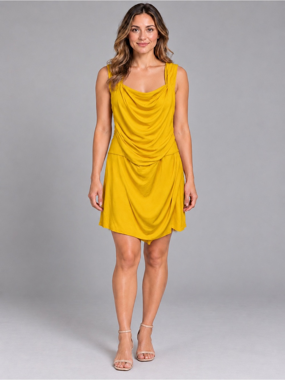 Tiger Mist Yellow Cowl Neck Draped Mini Dress Size Medium With Tags